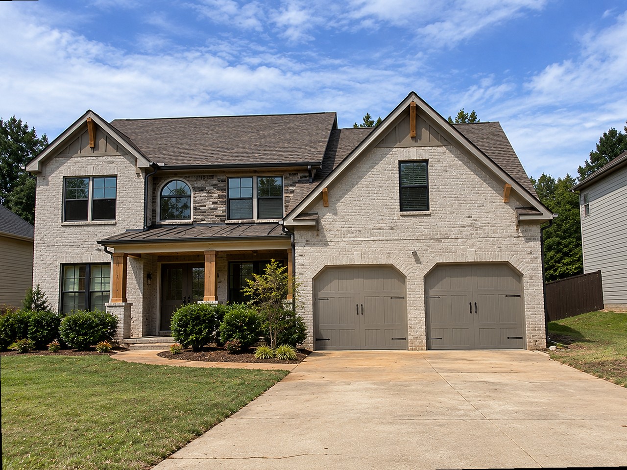 The same two-story house completed — finished masonry, cedar brackets, garage doors, driveway and landscaping