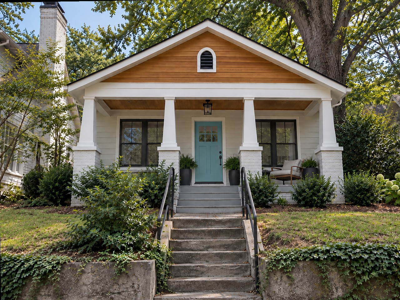 The same bungalow after renovation — restored porch with columns, cedar gable, new entry and planting