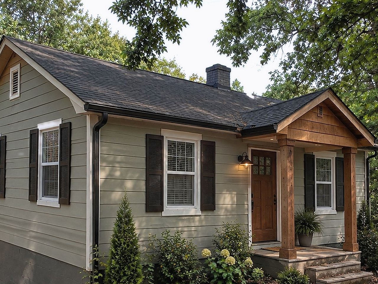 The same cottage after renovation — new roof, siding and windows, timber-framed front porch, landscaped yard